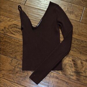 Brown V-Neck Long Sleeve Top